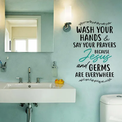 Miniatura 3 de Calcomanía de vinilo cristiana para pared, con citas religiosas, decoración de baño, «Lava tus manos y diga tus oraciones, Cause Jesus & Germs are