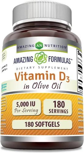 Miniatura 7 de Amazing Formulas Vitamina D3 en aceite de oliva Suplemento de 5000 UI, cápsulas blandas, sin OMG, sin gluten, fabricado en Estados Unidos