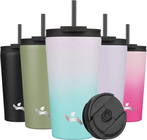 Miniatura 51 de Konokyo Vaso aislado de 18 onzas con tapa y 2 pajillas, botella de agua de acero inoxidable, taza de viaje al vacío, taza de café, color blanco ángel