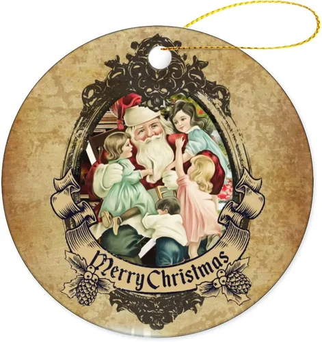 Adorno de Navidad retro con tema de Navidad, recuerdo colgante de árbol de Navidad, redondo de doble cara de porcelana/cerámica, adorno vintage,