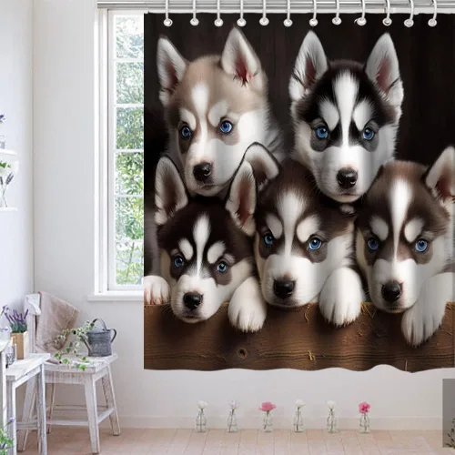 Miniatura 3 de Bonita cortina de ducha de perro, divertida y encantadora mascota, diseño de perros husky, cachorros, familia, niños, juego de decoración de baño