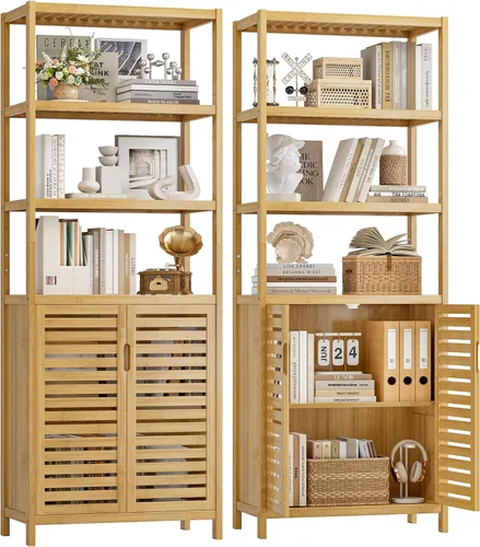 Miniatura 10 de HIFIT Armario alto de almacenamiento para baño, gabinete de baño estrecho de bambú de 66 pulgadas con 2 puertas y estantes abiertos de 4 niveles