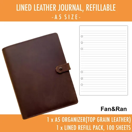 Miniatura 2 de Fan&Ran Diario de cuero recargable con papel rayado, carpeta A5 de 6 anillas, 100 hojas, marrón oscuro