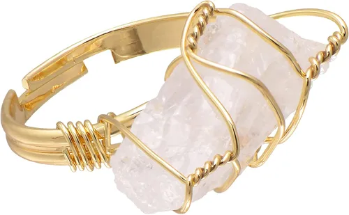 Anillo envuelto en alambre de piedra áspera de cristal natural, tono de oro amarillo Cuarzo Blanco