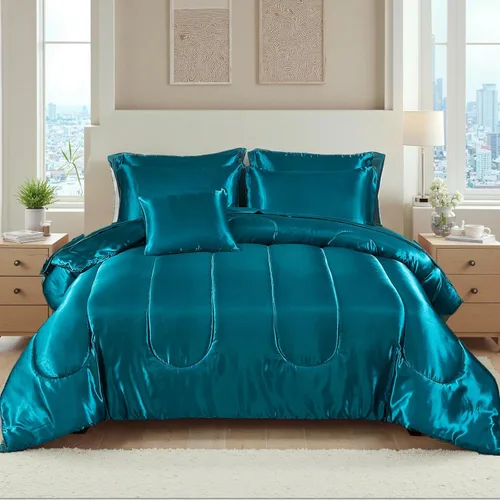 Miniatura 18 de Bedding_Dreamer Juego de edredón sedoso negro de satén en una bolsa, 8 piezas de ropa de cama sedosa de hotel de lujo con 1 edredón, 1 sábana
