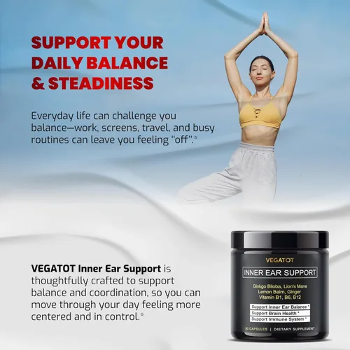Miniatura 2 de VEGATOT Suplemento de oído interno con Ginkgo Biloba melena de león bálsamo de limón jengibre VIT B1, B6, B12- para mareos girando equilibrio