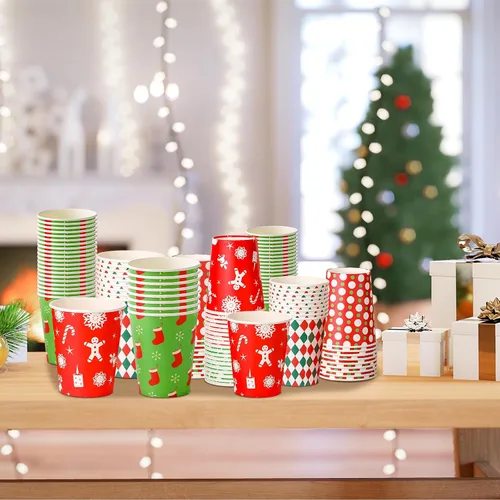 Miniatura 3 de Umigy 100 vasos de papel de Navidad a granel desechables de 9 onzas, tazas de café de chocolate caliente, medias de árbol de Navidad, pan