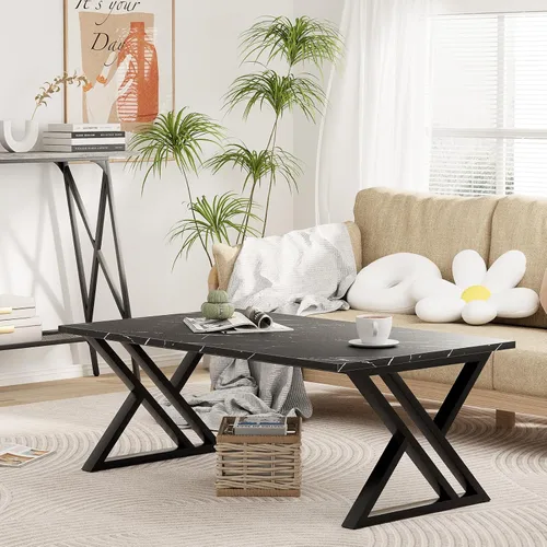 Miniatura 6 de Wolawu - Mesa de café para sala de estar, mesa central negra, mesa de té rectangular moderna y simple de mármol falso con marco de metal acabado