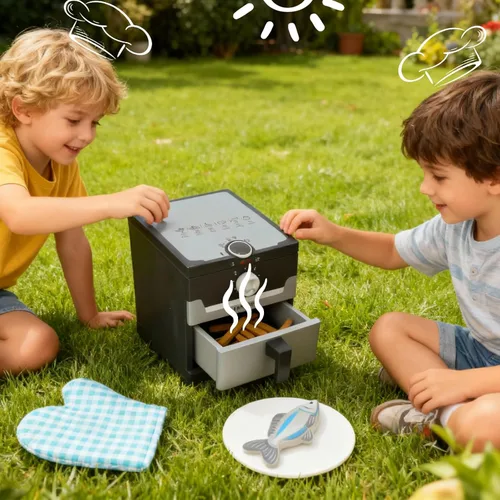 Miniatura 8 de Freidora de aire de madera, 15 piezas, juego de olla a presión de 18 piezas para niños, juguete de cocina con accesorios de alimentos, utensilios
