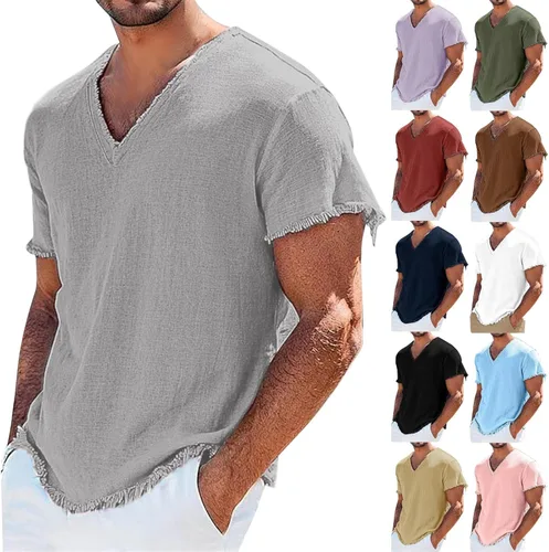 Miniatura 14 de Mens Cotton Linen Short Sleeve Shirts Retro Frayed Casual V-Neck Beach Hippie Tshirts Lightweight Summer Resort Tops