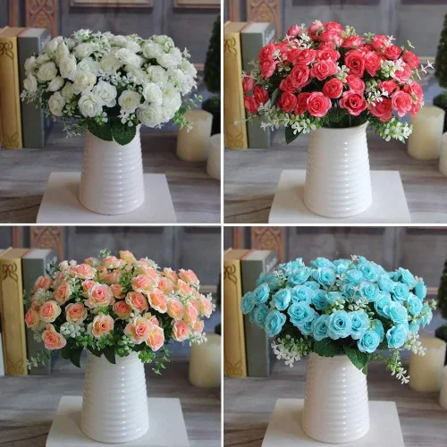 Miniatura 4 de Flor artificial de gama alta 5 tenedor 15 mini rosas decoración del hogar