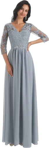 Miniatura 2 de Vestido largo formal de noche para mujer con apliques de encaje con cuello en V y mangas