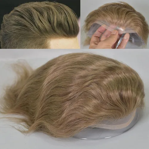 Voloria Toupee para hombres 100% cabello humano europeo suizo frente encaje frontal natural piezas de cabello 0.003 in piel fina PU V-looped sistema