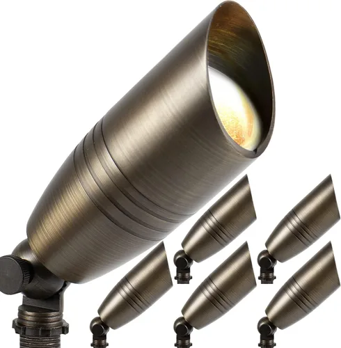 H&A Foco de paisaje de latón macizo para exteriores, luces LED de paisaje de 12 V de bajo voltaje con pico de tierra para exteriores (6 paquetes)