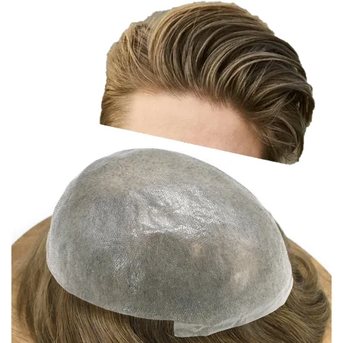 Miniatura 85 de 0.002 in ultra fina piel tupé Remy cabello humano piezas para hombres V-Looped sistema de pelo para hombre tupé pelo tupé para hombres protesis