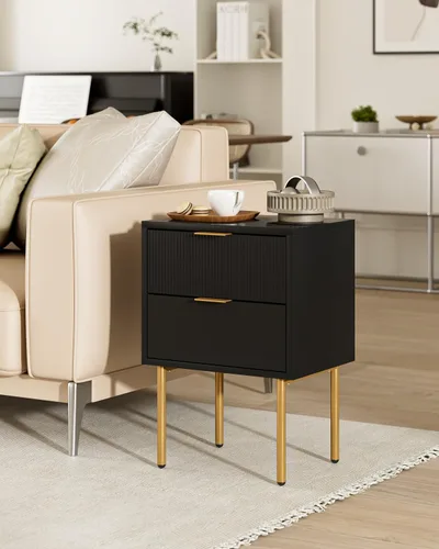 Miniatura 3 de Mesita de noche, mesita de noche pequeña con marco dorado, mesita de noche negra, muebles de noche, mesa auxiliar con 2 cajones para dormitorio