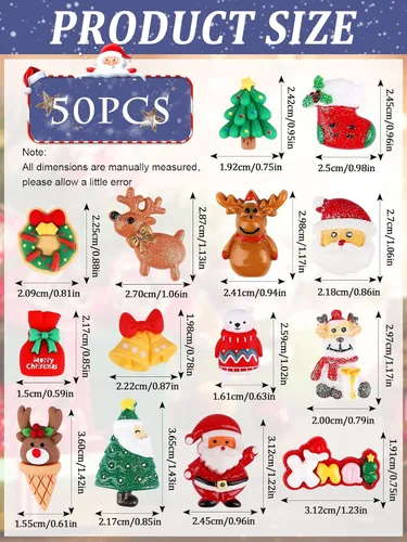 Miniatura 2 de 50 PIEZAS Adornos de Navidad de Limo Kalolary Adornos de Resina de Navidad con Parte Trasera Plana Adornos de Papá Noel, Alce, Árbol de Navidad