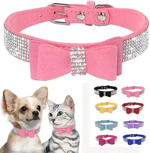 Miniatura 12 de Collar para perro con cristales de imitación, collar de piel sintética con brillantes para perro, gato y cachorro en color negro, tallas S M L XL