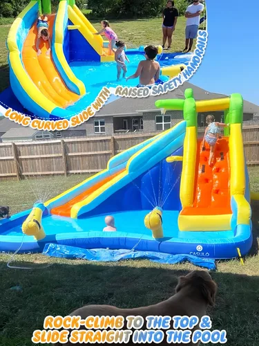 Miniatura 4 de ROOJER Tobogán acuático inflable de cocodrilo para patio trasero de niños, 8 en 1, casa de rebote húmeda y seca, parque acuático con soplador