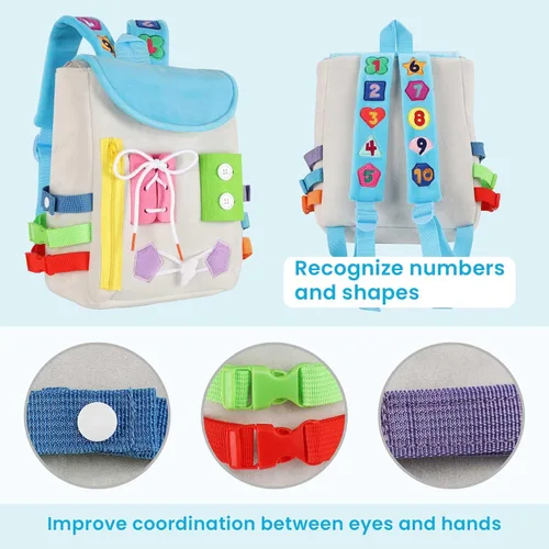 Miniatura 2 de Busy Board - Mochila para niños pequeños con hebillas y juguetes de actividades de aprendizaje, desarrolla habilidades motoras finas y habilidades