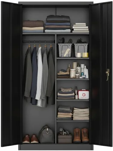 Miniatura 5 de Armario de acero con puertas de bloqueo, estantes ajustables y barra para colgar, armario de almacenamiento de metal grande para ropa, herramientas