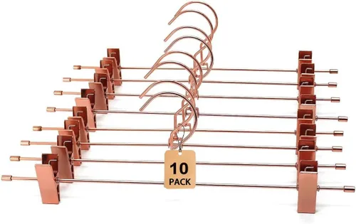 Perchas de ropa para pantalones de oro rosa de 13.8 pulgadas, paquete de 10 perchas para pantalones con clips de metal para pantalones, ganchos de