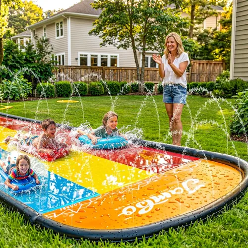 Miniatura 9 de JAMBO 18 pies de triple carril deslizante, con 3 tablas de surf con rociador envolvente incorporado para diversión acuática al aire libre