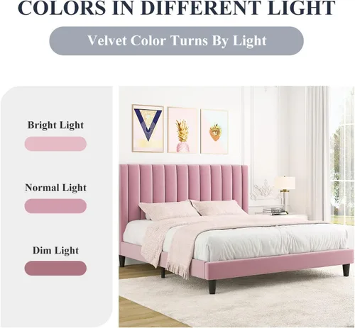 Miniatura 5 de Allewie - Base de cama tamaño Full con cabecera acolchada tapizada en terciopelo y diseño acanalado vertical; plataforma de cama con resistentes Rosa