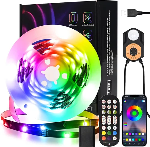 Tira de luz LED con sensor de movimiento para interiores de 9.84 pies, luces RGB que cambian de color | Sincronización de música | Aplicación y
