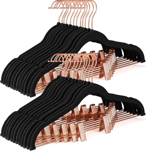 HOUSE DAY Perchas de Terciopelo para Pantalones con Clips Paquete de 24, Perchas de Falda de Terciopelo Ultra Delgadas Antideslizantes con Ganchos