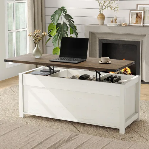 Miniatura 4 de Furnihold Mesa auxiliar de 47.3 pulgadas con almacenamiento, mesa de centro de madera de granja con parte superior elevable, puertas corredizas