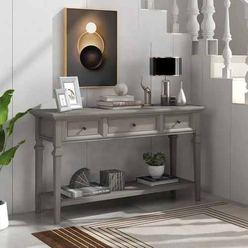 Miniatura 8 de RuiSiSi Mesa consola de granja con 3 cajones y estante inferior, mesa de sofá de madera maciza para sala de estar, comedor, entrada, gris lavado