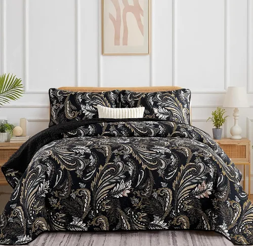 Miniatura 10 de WONGS BEDDING Juego de edredón bohemio tamaño Queen, juego de colcha y cubrecama con estampado floral paisley beige con 2 fundas de almohada, juego