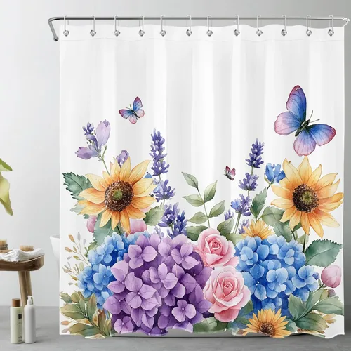 Miniatura 13 de LB Cortina de ducha de hortensias azules para baño, cortina de ducha rústica de girasol amarillo botánico y lavanda púrpura con ganchos, cortina