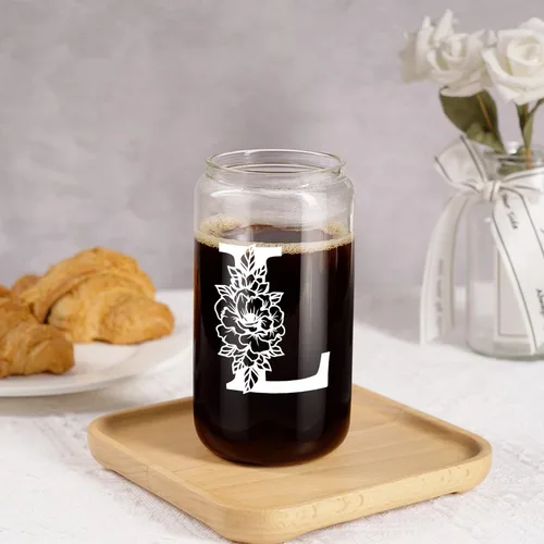 Miniatura 7 de Taza de Vidrio Inicial Coolife, Regalos Personalizados para Mujeres, Tazas de Vidrio de 16 oz con Tapas y Popotes, Vaso para Café Helado, Licuado
