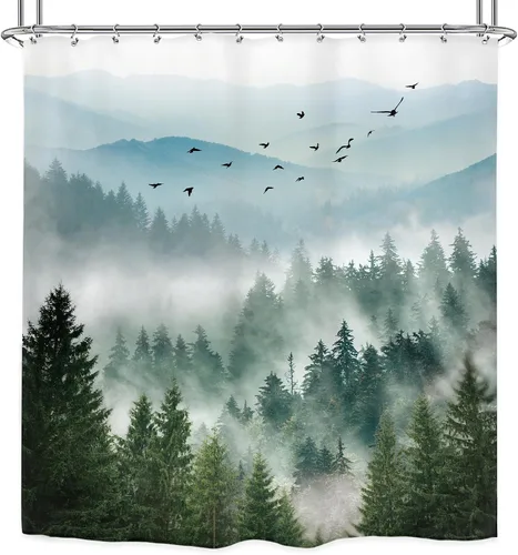 Miniatura 6 de Riyidecor - Cortina de ducha para baño pequeño de montaña, 36 pulgadas de ancho x 72 pulgadas de alto, verde, para RV, temática rústica, naturaleza