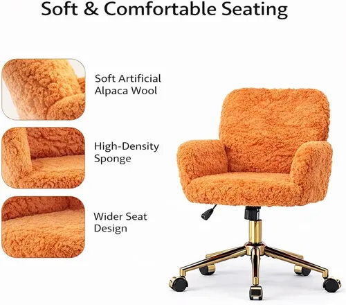 Miniatura 4 de Silla de tocador de piel sintética, silla de escritorio giratoria ajustable con ruedas y base dorada, cómoda silla ancha de maquillaje mullida