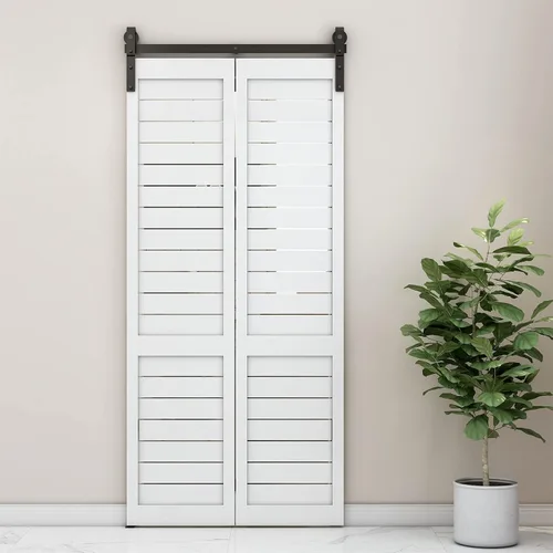 Miniatura 7 de Kit de rieles de herrajes para puerta corredera plegable de granero de 52", suave y silencioso, rodillo negro montado lateralmente, fácil