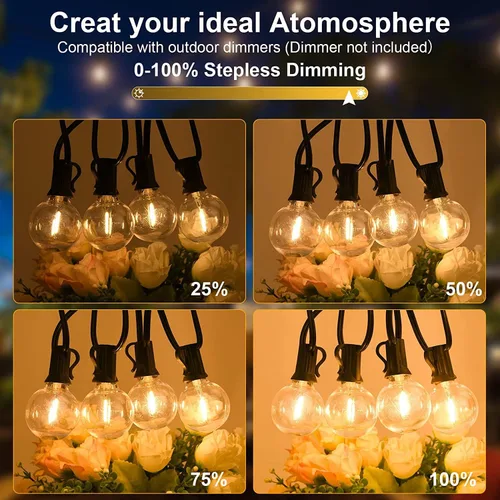 Miniatura 4 de Tira de luces para exteriores, 50 pies con 27 bombillas LED G40 regulables, inastillables, transparentes, aprobación UL, impermeable, 1 W, 2700 K