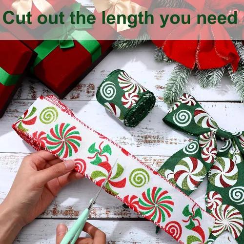 Miniatura 7 de Yinder 2 rollos de cinta de Navidad de 20 yardas, cinta roja y verde con purpurina de 2.5 pulgadas, cinta decorativa para coronas, caja de regalo