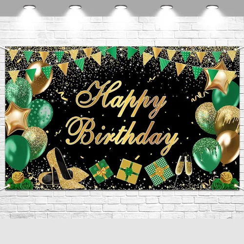 Avezano Cartel verde de feliz cumpleaños verde dorado negro telón de fondo de feliz cumpleaños con purpurina decoración de fiesta de cumpleaños para