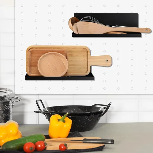 Miniatura 6 de Therwen Paquete de 4 estantes magnéticos para tablero de clavijas, organizador de pared, estante de metal con bandeja de acero, accesorios Negro