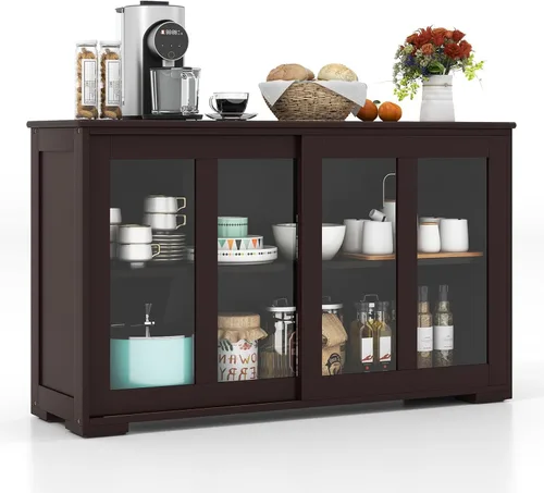 Miniatura 11 de NAFORT Aparador de madera con puertas correderas, mesa de consola de almacenamiento de cocina, barra de café con estante ajustable para sala de Negro