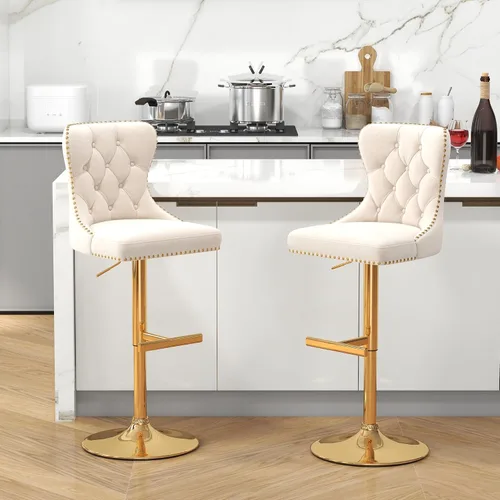Miniatura 2 de Juego de 2 taburetes de bar, taburetes giratorios de terciopelo con respaldo copetudo, asiento ajustable con ribete de cabezas de clavos, sillas