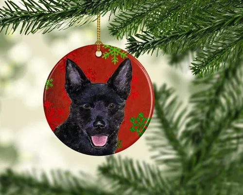 Miniatura 2 de Caroline's Treasures Australian Kelpie - Adorno de cerámica de Navidad con copos de nieve rojos y verdes, decoración colgante para el hogar