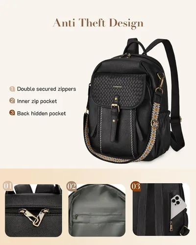Miniatura 3 de Missnine Mochila de cuero para mujer, mochila antirrobo, bolsa de hombro convertible con cremalleras seguras para viajes y trabajo, Negro -, Vintage