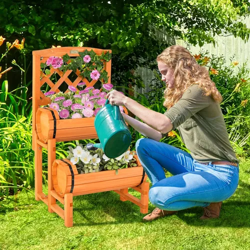 Miniatura 2 de S AFSTAR Cama de jardín elevada de 2 niveles con enrejado, maceta de madera con enrejado de diamante, maceta elevada para plantas trepadoras de vid