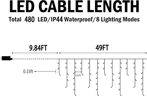 Miniatura 4 de Luces de Navidad para exteriores, 49 pies, 480 luces LED para exteriores, 90 tiras de luces de carámbano con 8 modos, temporizador impermeable