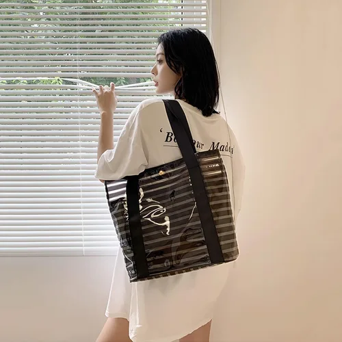 Miniatura 4 de forestfish Bolsa transparente aprobada para estadios bolsa de PVC a rayas reutilizable con asas para mujer Bolsa de PVC