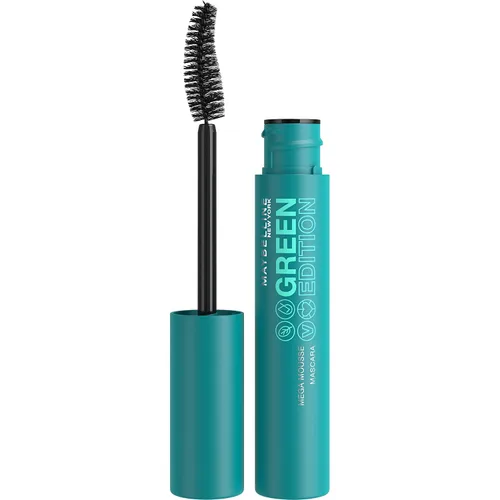 Maybelline Green Edition Mega Mousse Mascara Maquillaje, volumen suave y ligero, formulado con manteca de karité, negro más negro, 1 unidad